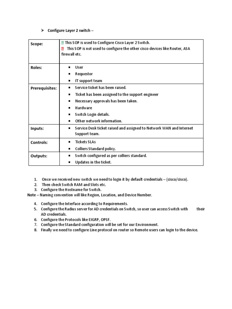 Cisco Layer 2 Switch Configuration SOP | PDF | Router (Computing ...