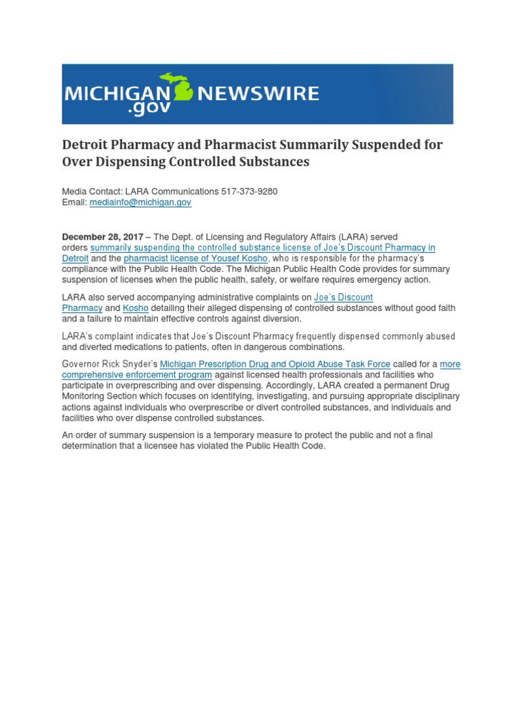 Detroit Pharmacy and Pharmacist Summarily Suspended For Over Dispensing