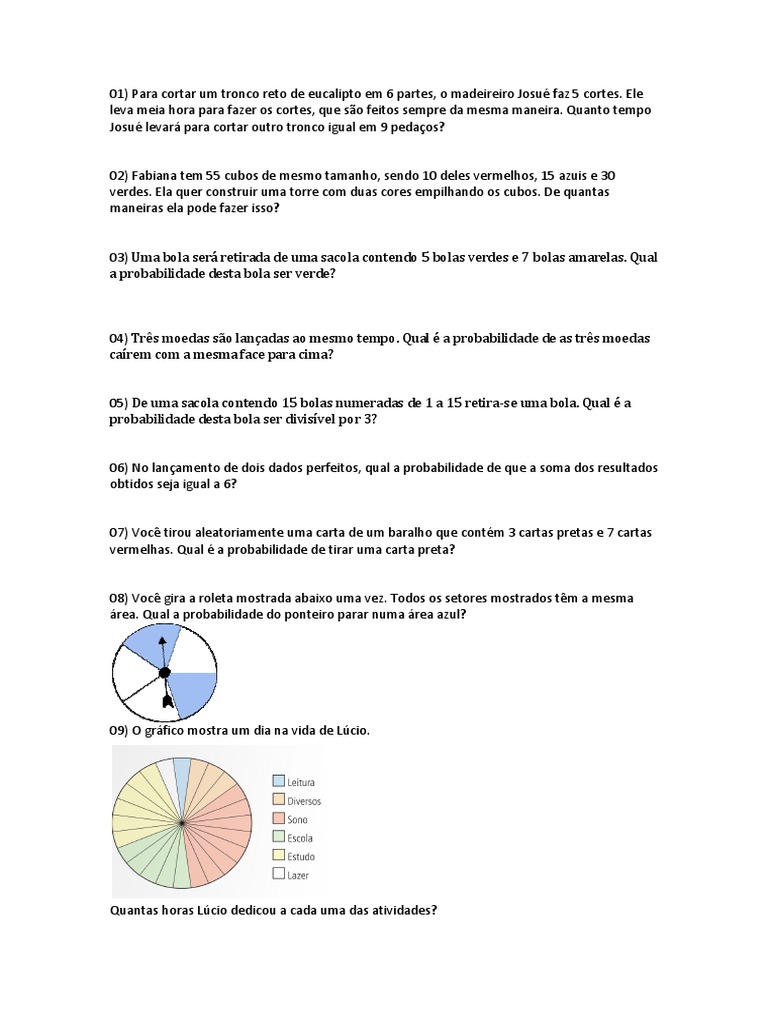 Lista de Exercícios - Matemática - 7º Ano | PDF | Probabilidade | Lazer