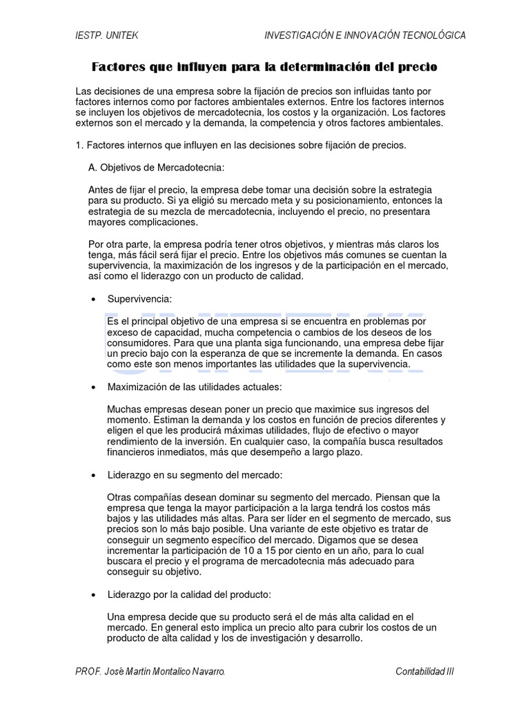 Factores Que Influyen Para La Determinación Del Precio