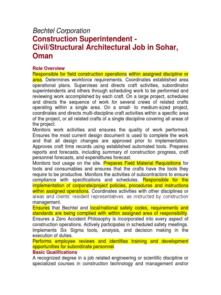 Bechtel Construction Superintendent Role | PDF | Engineering | Business