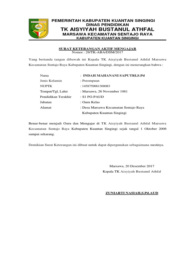 40+ Contoh Surat Keterangan Aktif Mengajar Guru Tk Background