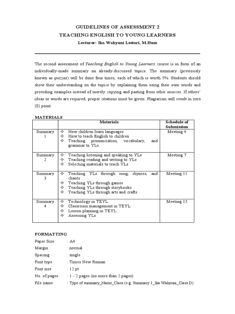 Guidelines of Assessment 2 Teaching English To Young Learners | PDF ...