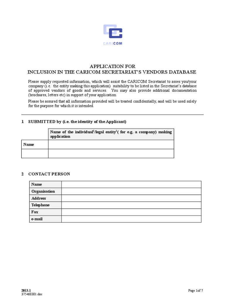 CARICOM Vendor Database Application Form | PDF | Balance Sheet ...