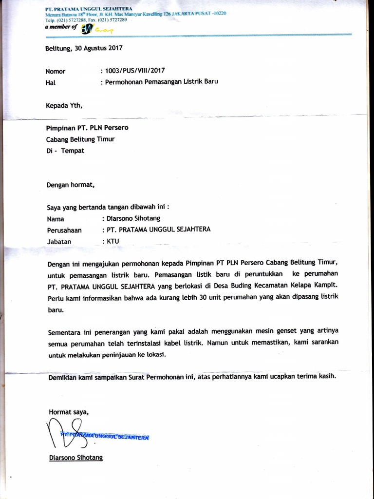 Contoh Surat Permohonan Penambahan Tiang Listrik Pln