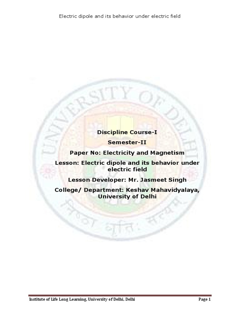 Electric Dipole and Its Behavior Under Electric Field | PDF | Dipole ...