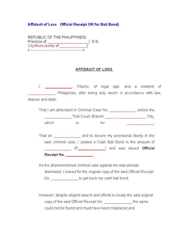 Affidavit of Loss Official Receipt or for Bail Bond