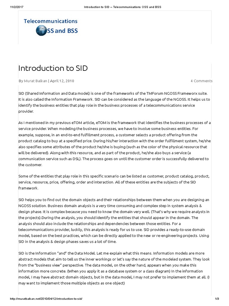 Introduction To Sid Telecommunications Oss And Bss Data Model Systems Science