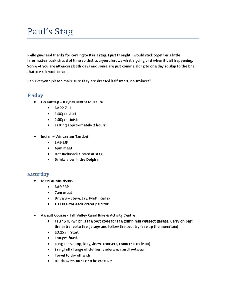Paul’s Stag Do Itinerary and Details | PDF