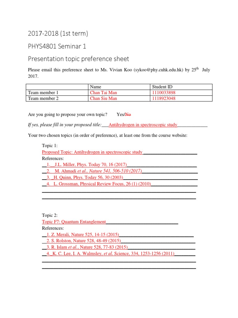 Preference Sheet Example