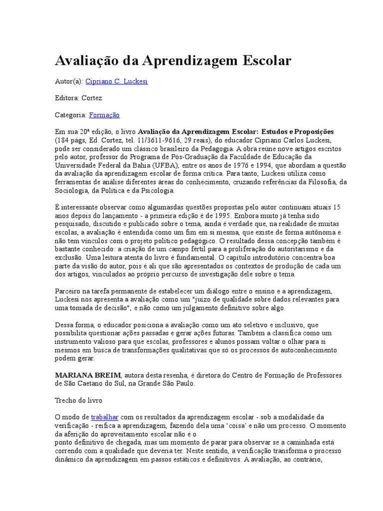 Avaliação da Aprendizagem Escolar: Luckesi | PDF | Pedagogia | Aprendizado
