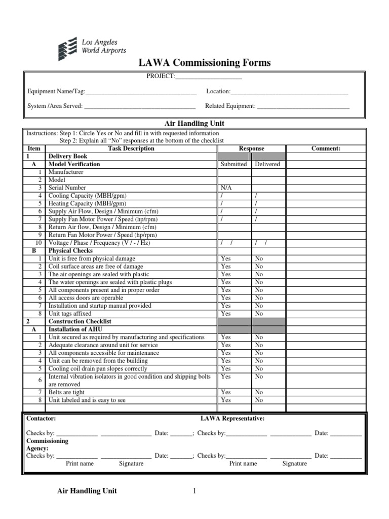 LAWA Basic Commissioning Forms Complete Duct (Flow) Hvac