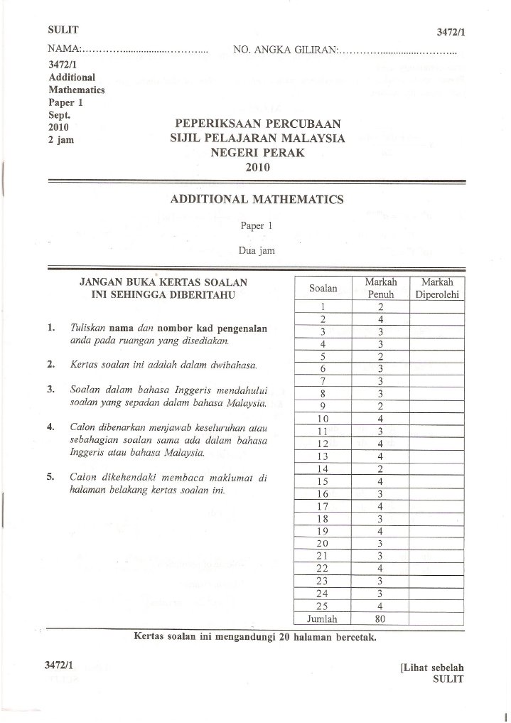 Perak Add Maths SPM Trial 2010 p1 | PDF