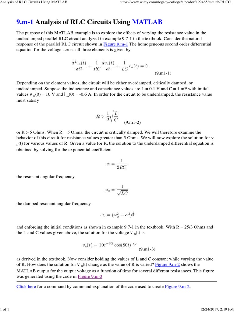 RLC Circuit Analysis with MATLAB | PDF | Electrical Network | Physical ...