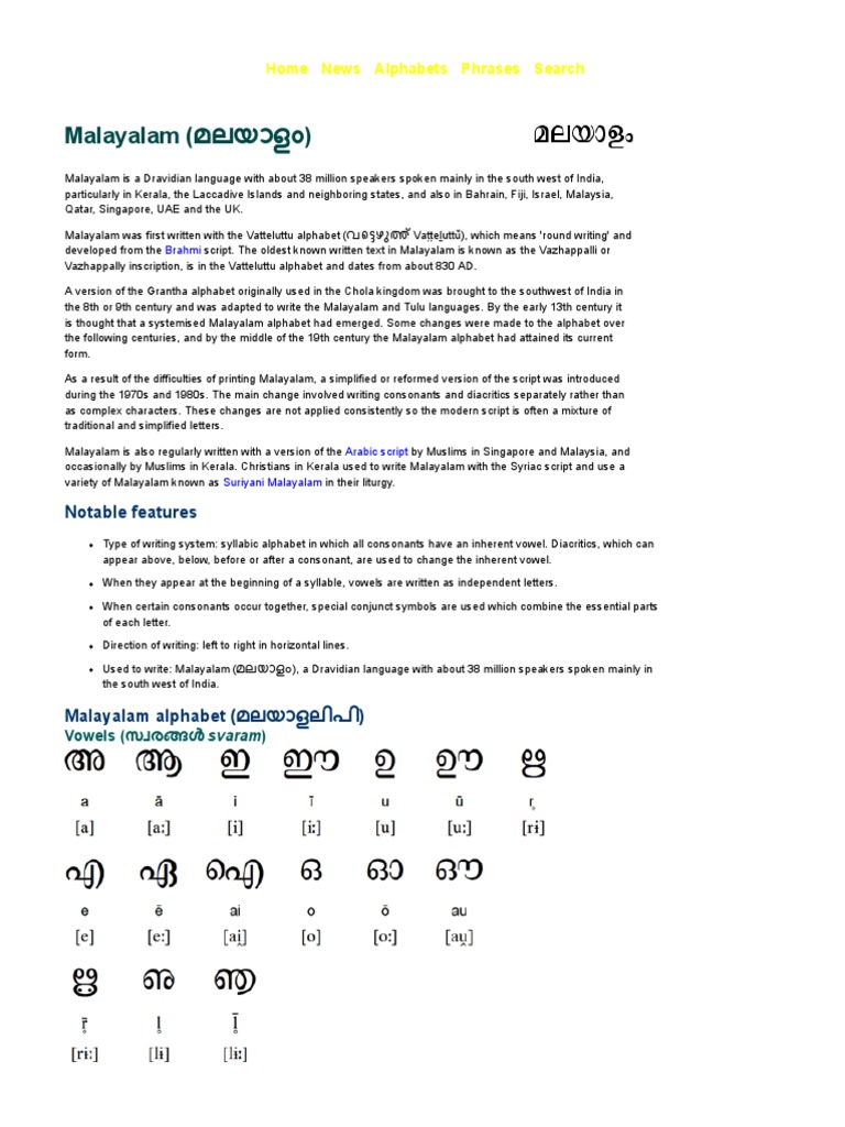 Malayalam Alphabet, Pronunciation and Language PDF Alphabet Languages