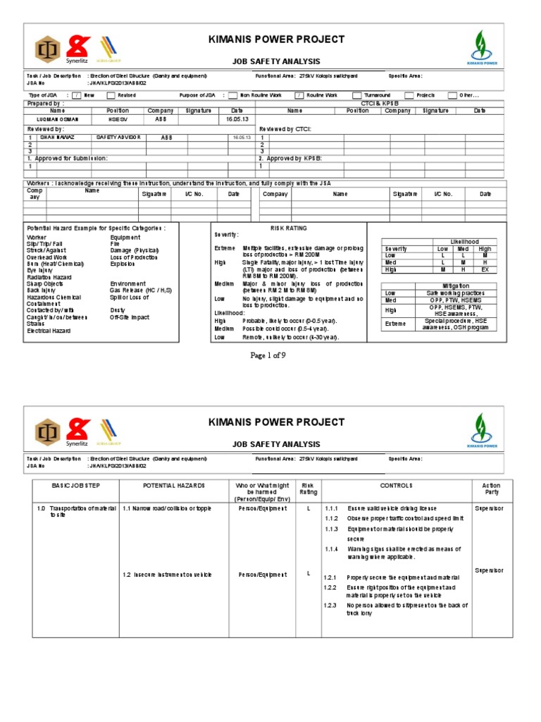 Steel Structure Erection Safety JSA | PDF | Personal Protective ...