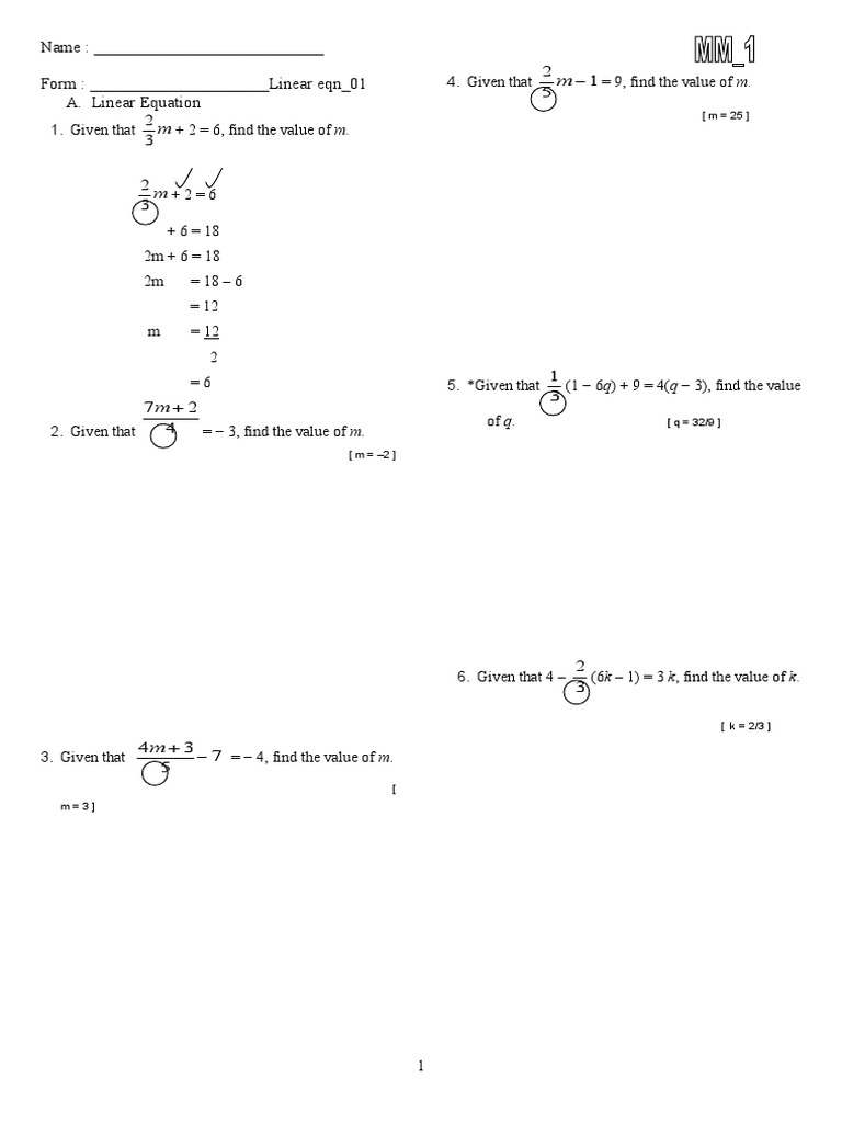 Name form linear eqn 01 a linear equation pdf equations 