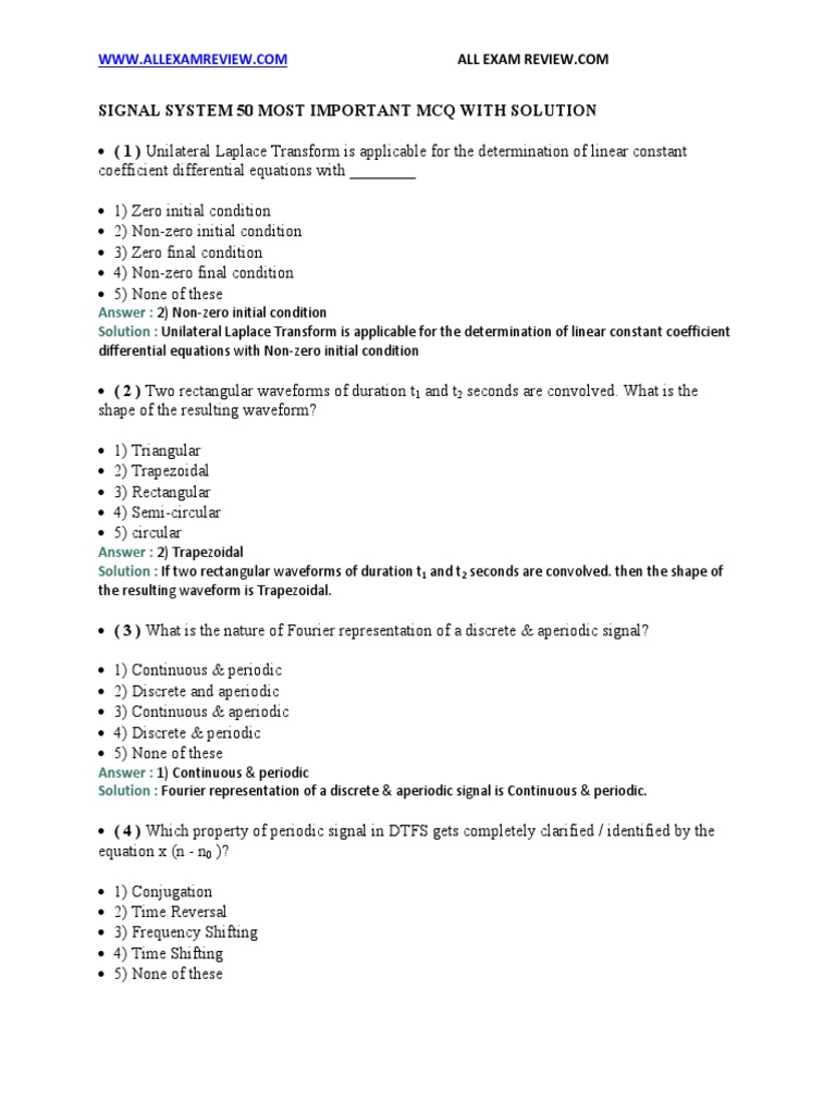 Signals and Systems MCQ Solutions | PDF | Spectral Density | Bandwidth ...