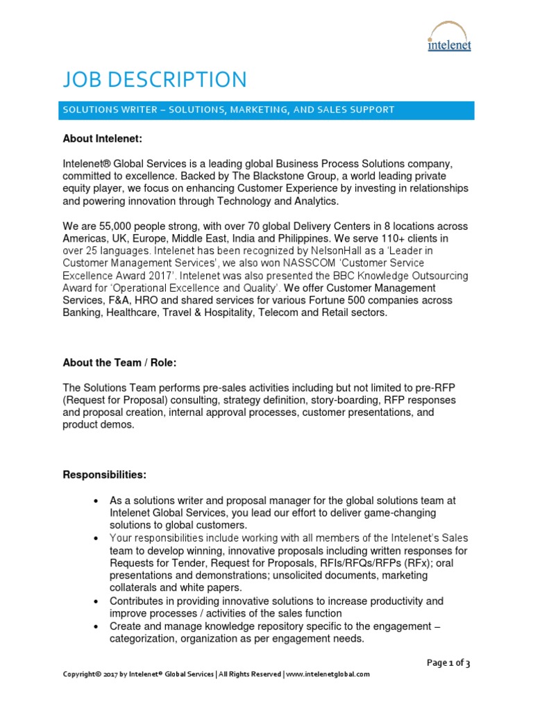 Job Description - Solutions - Intelenet PDF | PDF | Request For Proposal |  Business Process Outsourcing