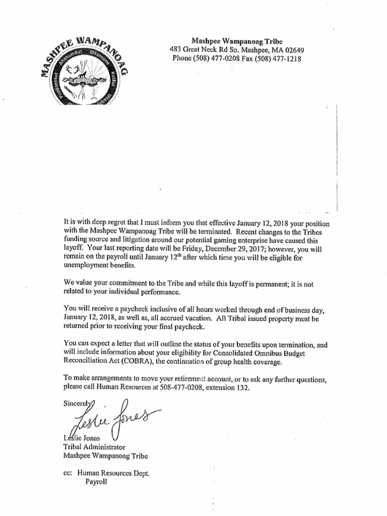 Mashpee Wampanoag layoff letter