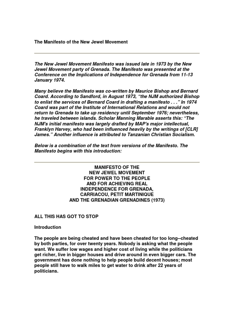 Manifesto of The New Jewel Movement PDF Agriculture Grenada