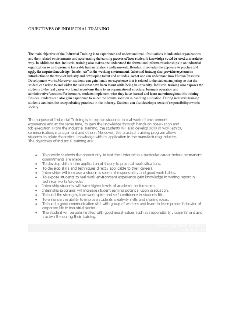 Objectives Of Industrial Training Experience Creativity