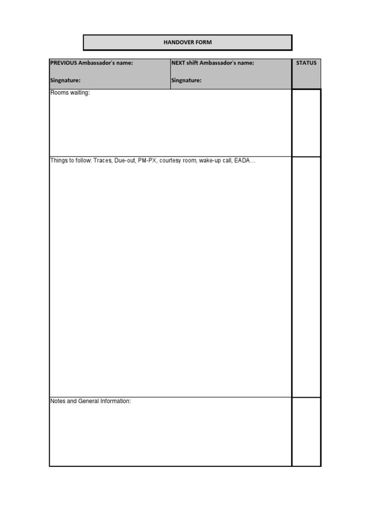 Handover Form for Shift Ambassadors | PDF
