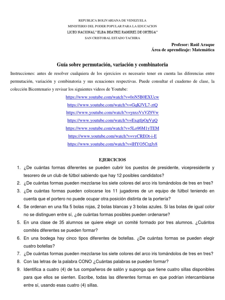 Guía de Permutaciones y Combinaciones | PDF | Combinatoria | Permutación