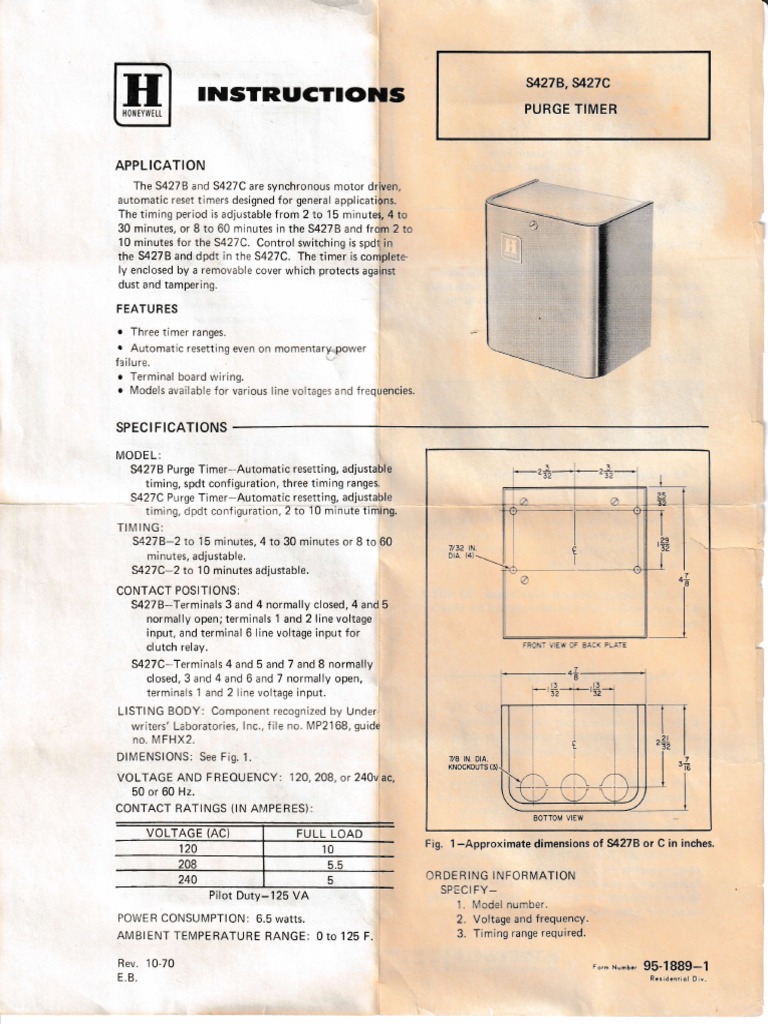 Honeywell Purge Timer S427B, C PDF Timer Switch