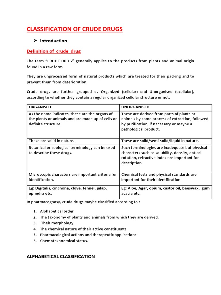 Classification of Crude Drugs | PDF | Medicinal Plants | Taxonomy (Biology)