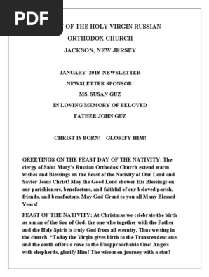 Nativity of the Holy Virgin Church - Newsletter - January, 2018