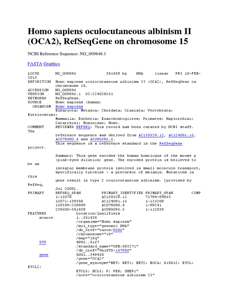 OCA2 Gene Details on Chromosome 15 | PDF | Biotechnology | Biology