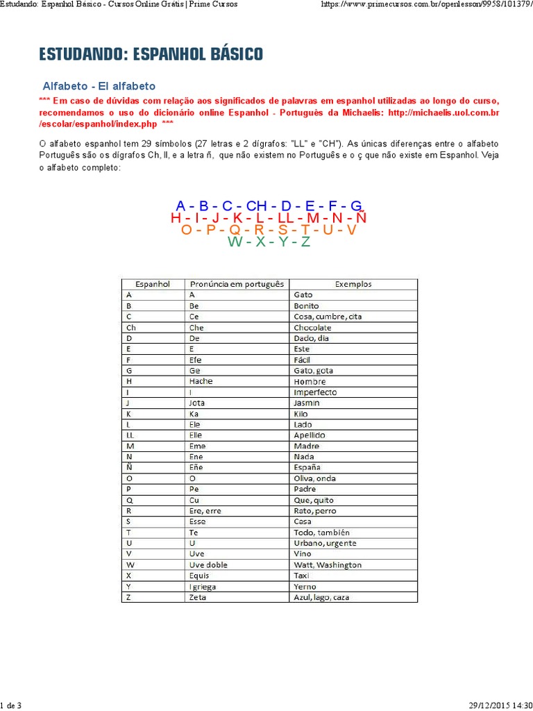 Estudando Espanhol Básico Cursos Online Grátis Prime Cursos Pdf