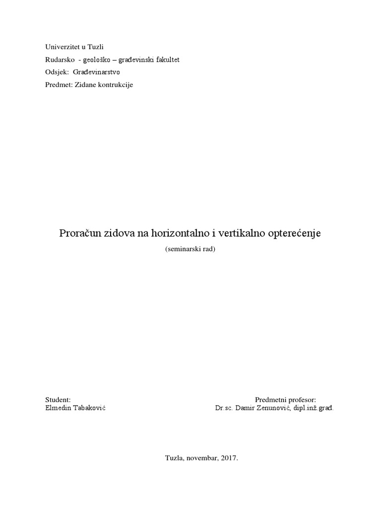 Proracun Zidova Na Horizontalno I Vertikalno Opterecenje | PDF