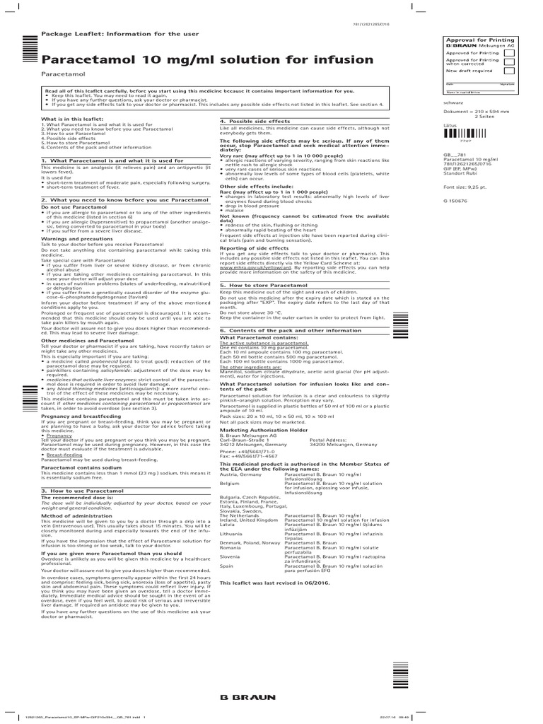 Paracetamol 10 mg/ml solution for infusion BBraun Dose