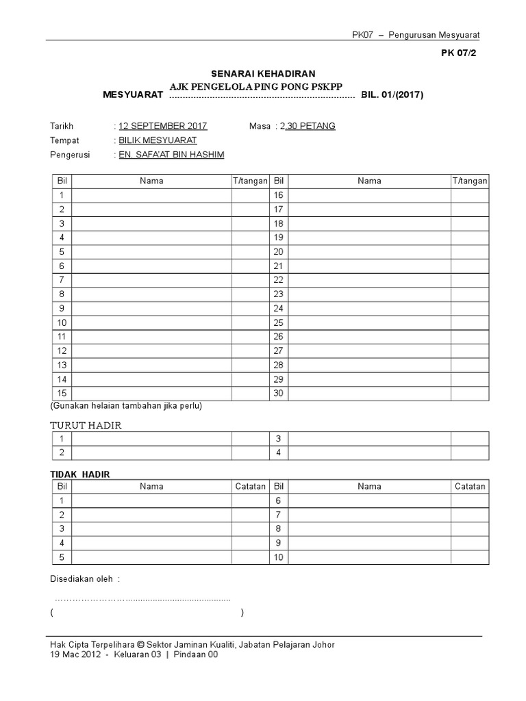 Borang Pk 07 2 Senarai Kehadiran Mesyuarat Pdf