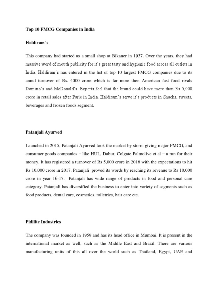 Top 10 FMCG Companies in India PDF Foods Beverages