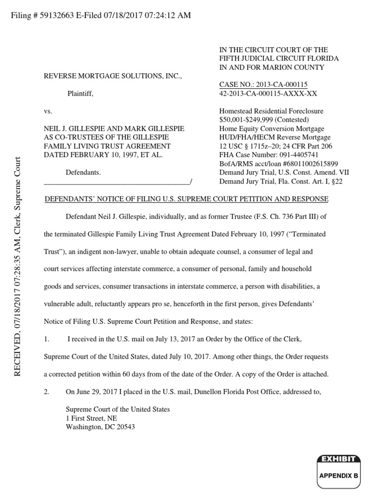 Appendix B Defendants Notice of Filing U.S. Supreme Court Petition and ...