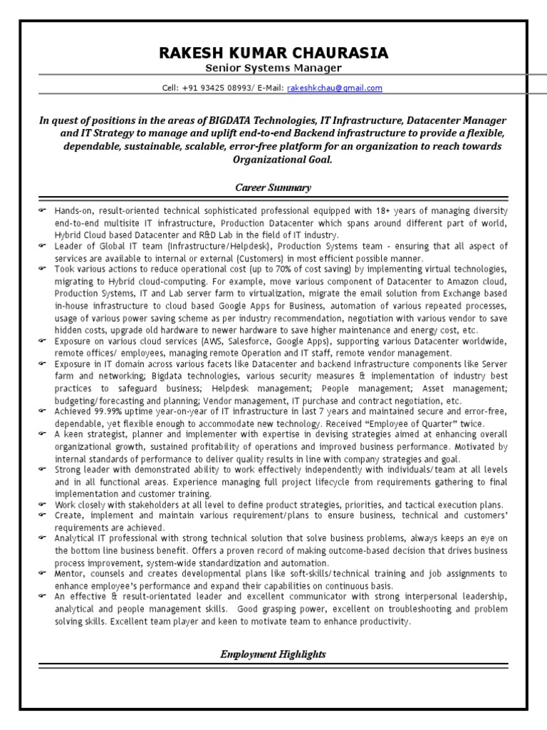 Rakesh Kumar Chaurasia Senior Systems Manager PDF Data Center Cloud Computing