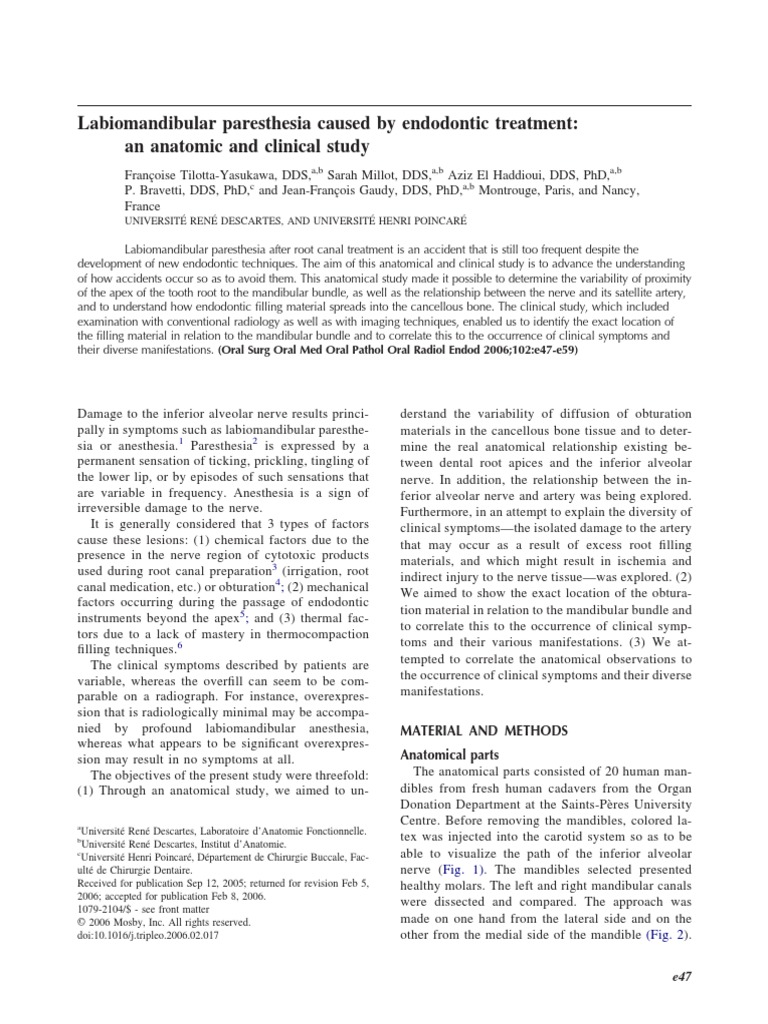 Labiomandibular Paresthesia Caused by Endodontic Treatment An Anatomic and Clinical Study PDF