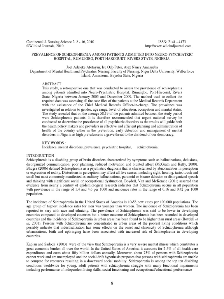 Prevalence of Schizophrenia Among Patients Admitted Into Neuro