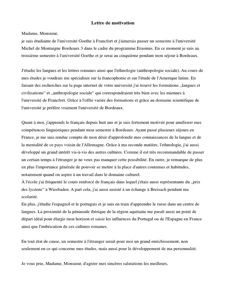 Exemple De Lettre De Motivation Erasmus En Anglais