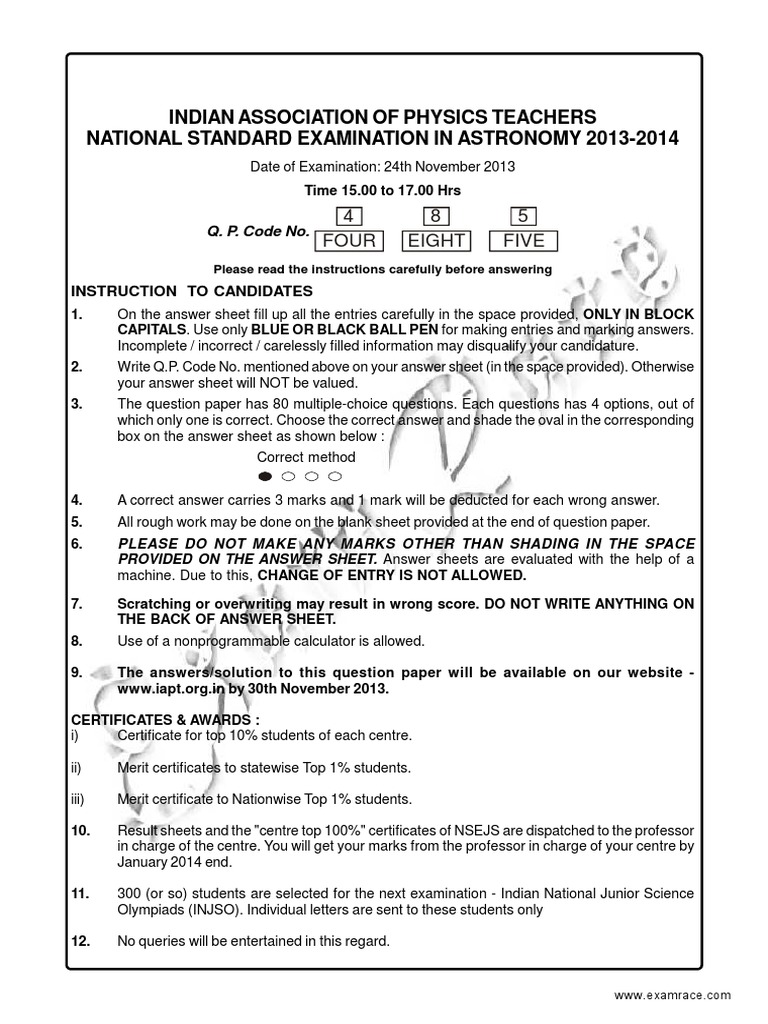 NSEA Astronomy Exam Instructions 2013-14 | PDF | Moon | Lens (Optics)