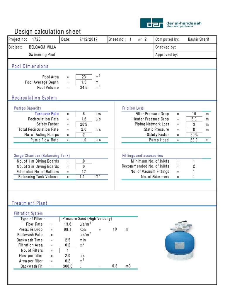 Swimming Pool Design Calculations | PDF | Swimming Pool | Filtration