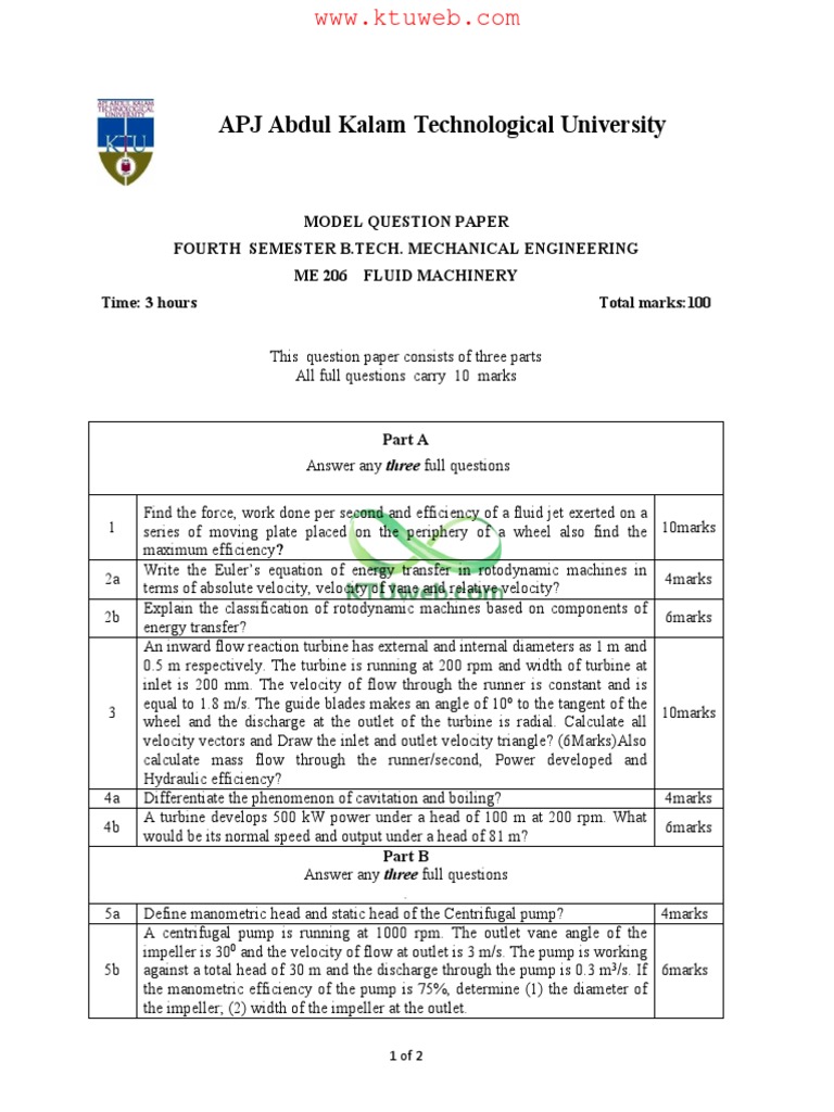 Fluid Machinery Exam for B.Tech | PDF | Pump | Turbine