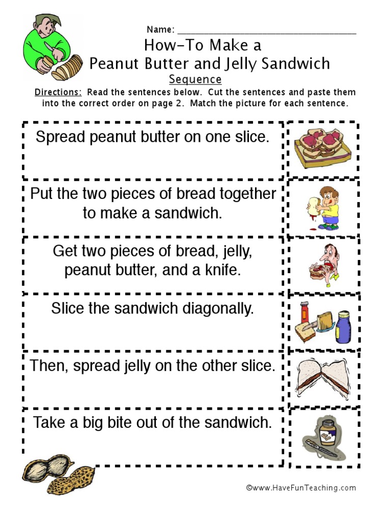 How To Peanut Butter Jelly Sandwich Sequence Worksheet PDF