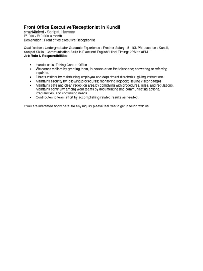 Front Office Executive | PDF | Employment | Business