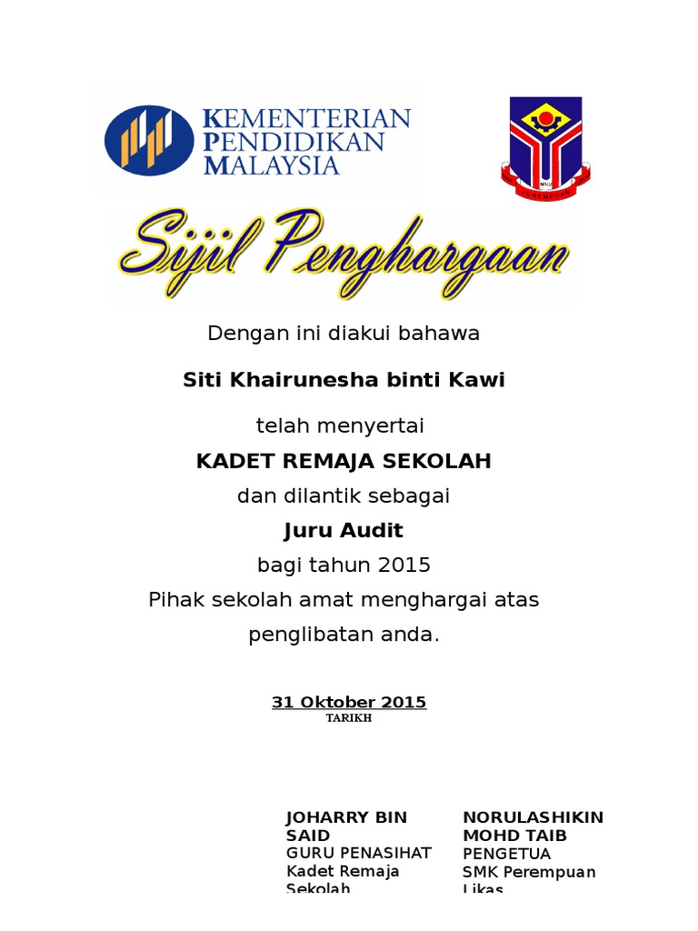 Contoh Sijil Penghargaan PDF