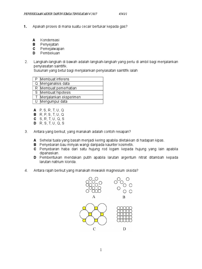 Peperiksaan Akhir Tahun Kimia Tingkatan 4 2017 4541/1