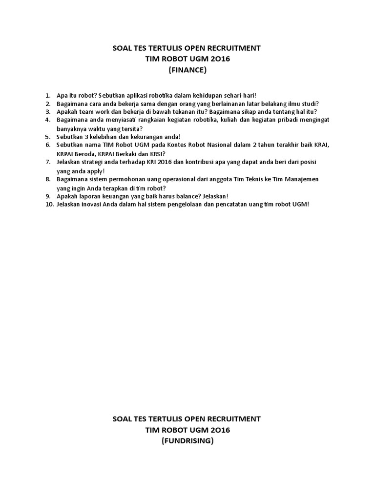 Soal Tes Tertulis Rekrutmen Tim Robot Ugm 2o16 Manajemen